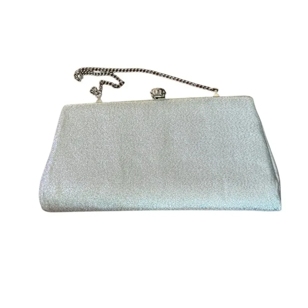VTG Silver Sparkly Glittery Clutch Bag Silver Top Round Clasp Happy Hour Flapper